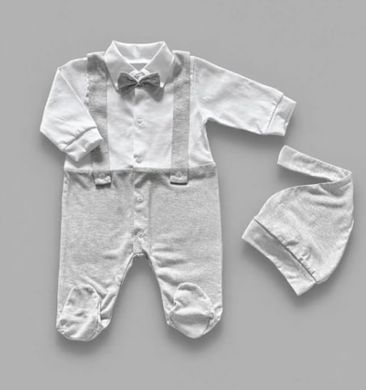Літній комплект нарядний комбінезон та шапочка Джентельмен BabyStarTex, білий/сірий, кулір-літній, Хлопчик, 56-62