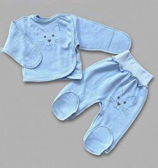 Комплект распашонка и ползунки в роддом BabyStarTex, футер, голубой/мордочка кошки, Мальчик, 62