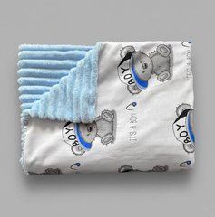 Плед детский из плюша Babystartex, голубой плюш/белый фон мишка It's a boy, Мальчик, 100*80, без утеплителя
