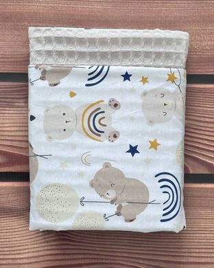 Плед летний для новорожденного с грецкого вафельного полотна Babystartex, бежевая вафелька/мишка на радуге, Унисекс, 100*80
