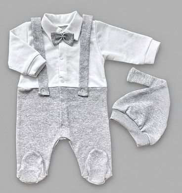 Теплий комплект нарядний комбінезон та шапочка Джентельмен BabyStarTex, футер, білий/сірий, Хлопчик, 62-68