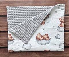 Плед летний для новорожденного с грецкого вафельного полотна Babystartex, серая вафелька/мишка спит на облачке, Унисекс, 100*80