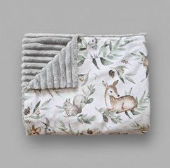 Плед детский из плюша Babystartex, серый/олененок, зайчик и белочка, Унисекс, 100*80, без утеплителя