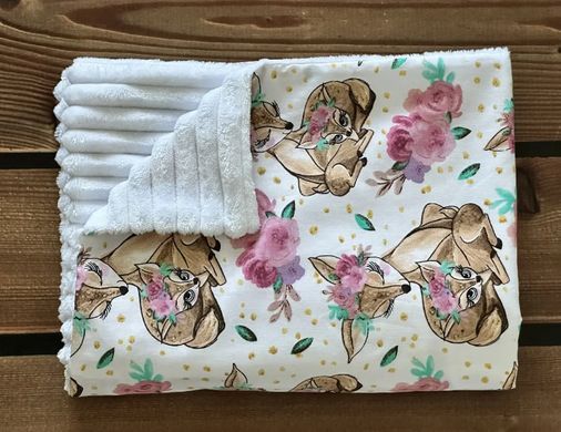 Плед детский из плюша Babystartex, белый/олененок с мамой, Девочка, 100*80, с утеплителем (синтепон)