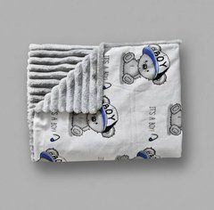 Плед детский из польского хлопка и плюша Babystartex, серый/белый мишка It's a boy, Мальчик, 100*80, без утеплителя