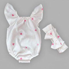 Боди + повязка для девочки Babystartex, муслин, молочное/сердечки розовые, Девочка, 56-62