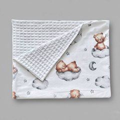 Плед летний для новорожденного с грецкого вафельного полотна Babystartex, белая вафелька/мишка спит на облачке, Унисекс, 100*80