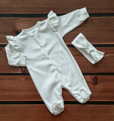 Комплект на выписку для девочки комбинезон и повязка Babystartex, 56, молочный