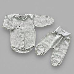 Комплект боди и ползунки в роддом BabyStarTex, футер, серый/морда котика, Унисекс, 56