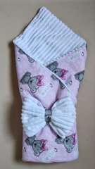 Теплый конверт-плед со съемным синтепоном и бантом BabyStarTex, белый плюш/розовый мишка Girl, Девочка, 90х80