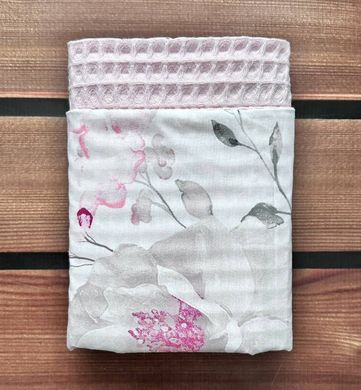 Плед летний для новорожденного с грецкого вафельного полотна Babystartex, розовая вафелька/цветы, Девочка, 100*80