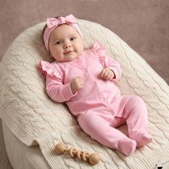 Комплект однотонный для девочки комбинезон и повязка BabyStarTex, кулир, розовый, Девочка, 56