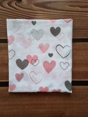 Пеленка муслиновая 2 слоя BabyStarTex, 80x90 см, белая/серые и розовые сердечки, Девочка, 90х80