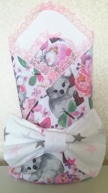 Конверт-одеяло на выписку летний, коалы и розовые цветы, Девочка