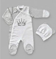 Комплект для новорожденного из 2-х предметов BabyStartex, кулир, Унисекс, серый белый впереди/корона, 62