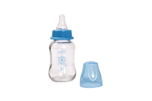 Бутылочка стеклянная приталенная Lindo, 125 мл 0+, Мальчик, синяя, 125мл