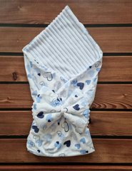 Конверт-плед для новороженных из польского хлопка и мягкого плюша(без утеплителя),белый/белый сердечки синие и голубые, 90х80