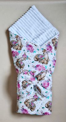 Теплый конверт-плед со съемным синтепоном и бантом BabyStarTex, белый плюш/олененок и мама в розах, Девочка, 90х80