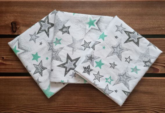 Пеленка фланель/байка BabyStarTex, белая/звезды серые и ментол Крупные, 110х90