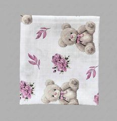 Пелюшка муслінова 2 шари BabyStarTex, 80x90 см, ведмедик з рожевим бантом, Дівчинка, 90х80