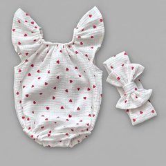 Боди + повязка для девочки Babystartex, муслин, молочное/сердечки красные мелкие, Девочка, 56-62