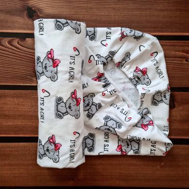 Простынь для детской кроватки на резинке Babystartex, 120х60см, фланель, белая/мишка It's a Girl, Девочка