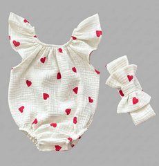Боди + повязка для девочки Babystartex, муслин, молочный/сердечки красные, Девочка, 56-62