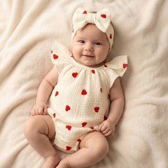 Боди + повязка для девочки Babystartex, муслин, молочный/сердечки красные, Девочка, 56-62