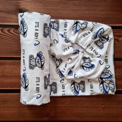 Простынь для детской кроватки на резинке Babystartex, 120х60см, фланель, белая/мишка It's a Boy, Мальчик