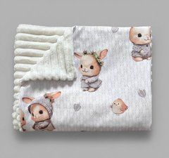 Плед детский из плюша Babystartex, молочный/кролики в серой одежде, Унисекс, 100*80, без утеплителя