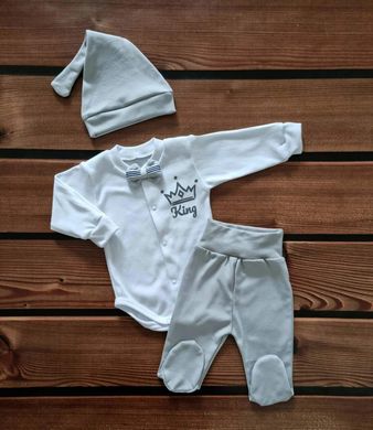 Комплект на виписку боді, повзунки та шапочка King BabyStarTex, інтерлок, Хлопчик, белый/серый, 56-62