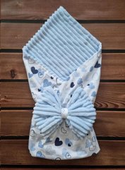 Конверт-плед для новороженных из польского хлопка и мягкого плюша(без утеплителя), голубой/сердечки синие и голубые, 90х80