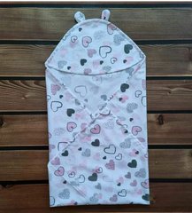 Полотенце-пеленка уголок после купания младенца BabyStarTex, 85х85 см, белая/сердечки розовые и серые