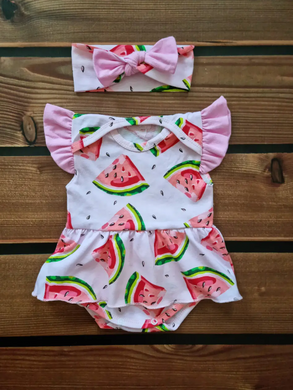 Боди-платье короткий рукав Арбузик +повязка, Babystartex, кулир, розовый, 68-74