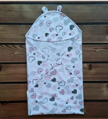 Полотенце-пеленка уголок после купания младенца BabyStarTex, 85х85 см, белая/сердечки розовые и серые, Девочка, белая/сердечки розовые и серые, 85*85