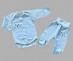 Комплект боди и ползунки в роддом BabyStarTex, футер, голубой/морда котика, Мальчик, 56