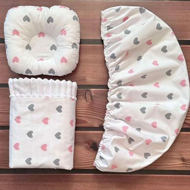 Набір для коляски наматрацник, подушка та плед Babystartex, білий/сірі та рожеві серця, Дівчинка, для коляски