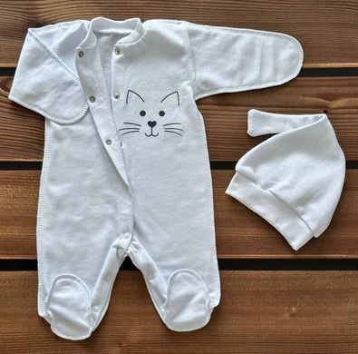 Комбинезон и шапочка Babystartex, футер, белый/мордочка кошечки, Унисекс, 62