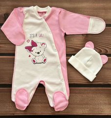 Комплект для новонароджених з 2-х предметів BabyStartex, інтерлок, Дівчинка, рожевий молочний попереду/ведмедик It's a girl, 56
