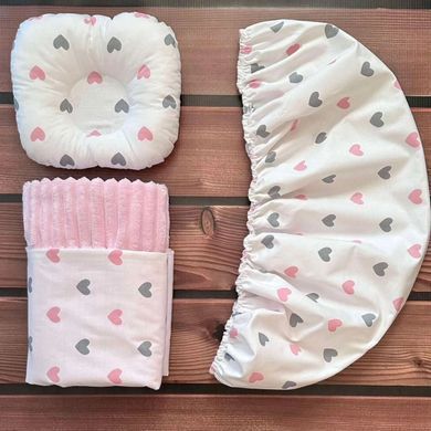 Набір для коляски наматрацник, подушка та плед Babystartex, рожевий/сірі та рожеві серця, Дівчинка, для коляски