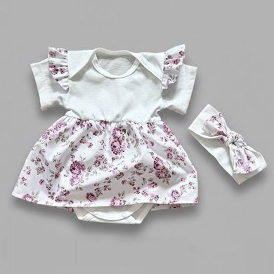 Боди-платье короткий рукав Цветочки + повязка Babystartex, розовое, Девочка, 56-62