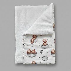 Зимний теплый плед из меха Тедди и съемным утеплителем, белый/мишка на облачке, Унисекс